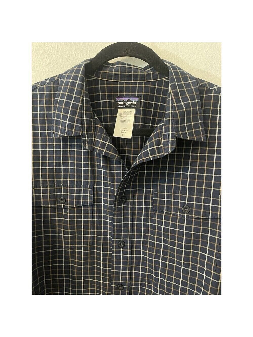 Patagonia Blue Plaid Long Sleeve Button Down Shirt Size Large Organic Cotton